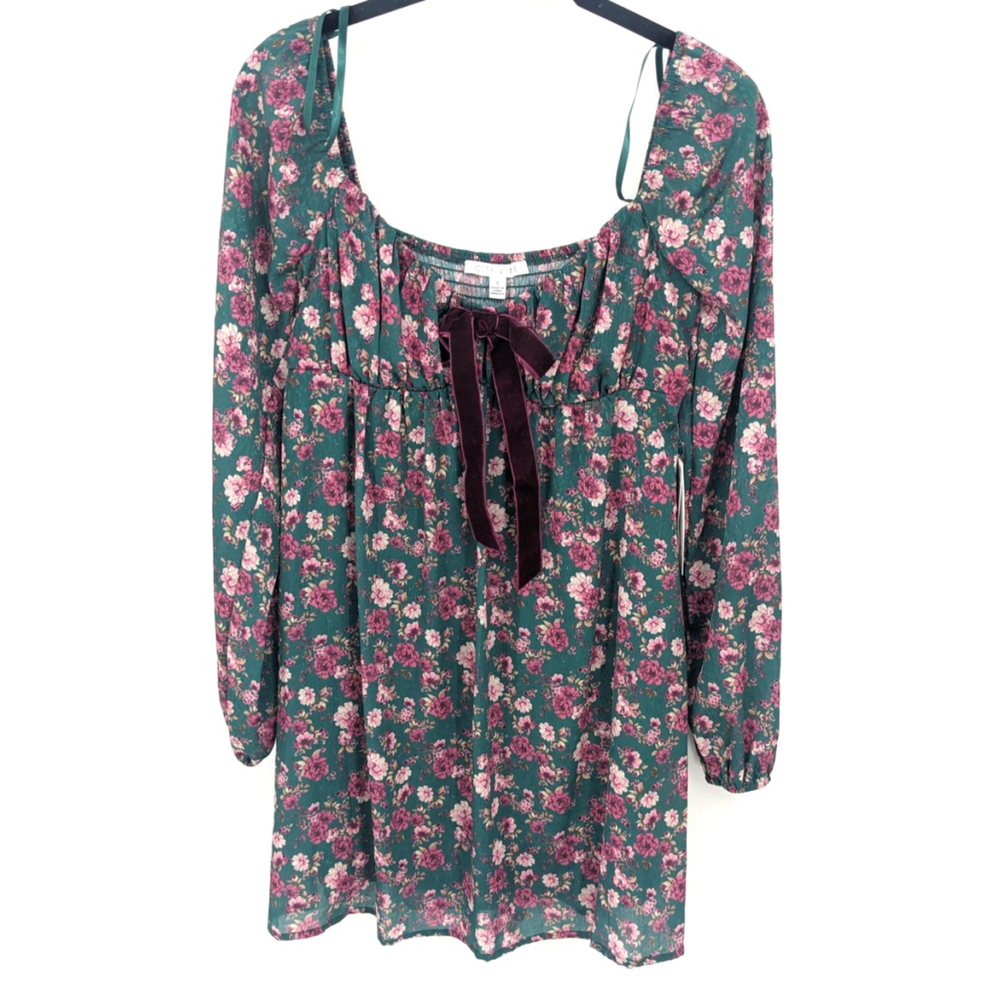 City Vibe Dress Womens Small Green Floral Long Sleeve Velvet Bow Boho Coquette
